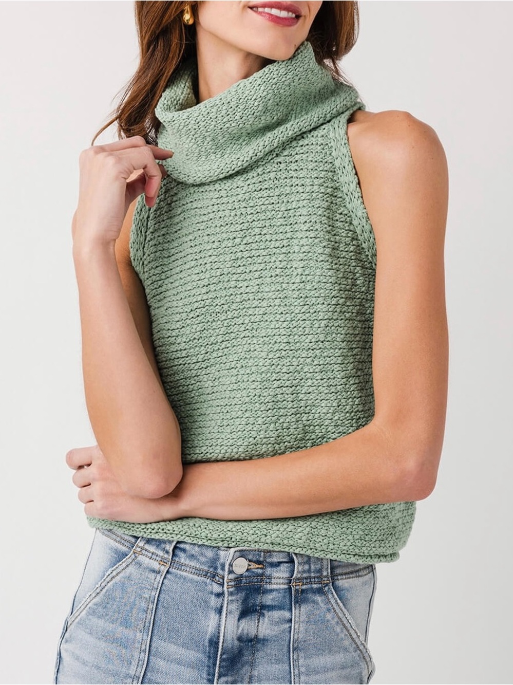 NWT BY TOGETHER Salma Sleeveless Cowl Neck Knit Sweater S Green Cotton Boho Chic